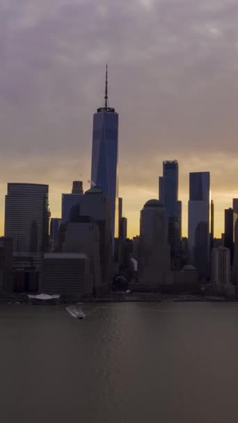 Stadsskyline Från Lower Manhattan New York Morgonen Aerial Hyper Lapse — Stockvideo