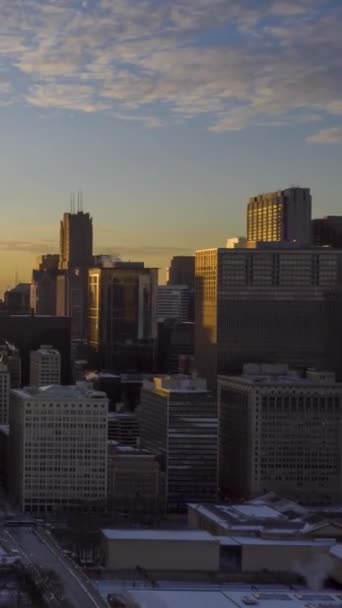 Urban Skyline Chicago Loop Sunset Frosty Winter Evening Inglês Hora — Vídeo de Stock