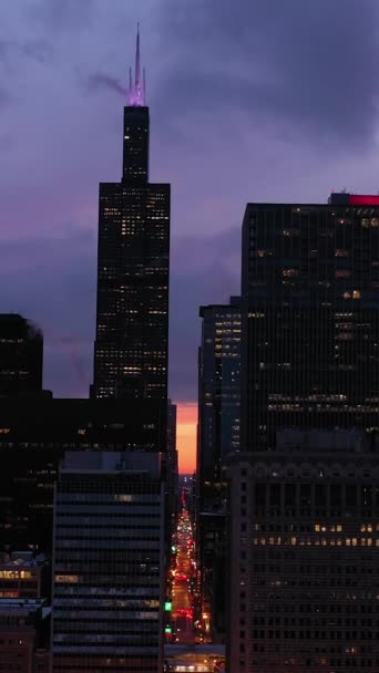 Urban Chicago Loop Blue Hour Winter Evening Twilight Aerial View — Stock Video