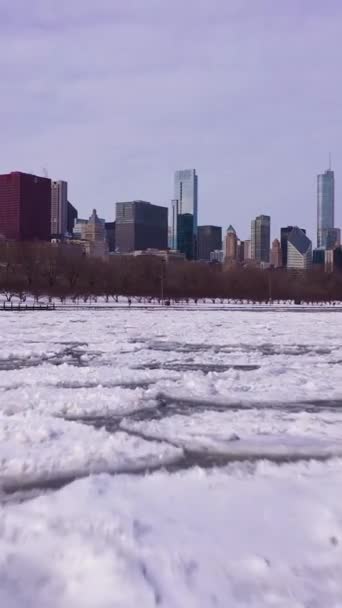 シカゴループとミシガン湖の都市スカイライン 冬の凍った日に氷のブロック アリアルビュー アメリカ合衆国 ドローン フライフォワード 低レベルショット バーティカルビデオ — ストック動画
