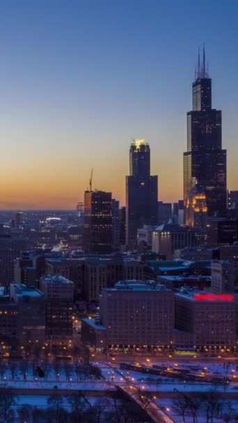 Urban Skyline Chicago Loop Sunset Frosty Winter Evening Modrá Hodinka — Stock video