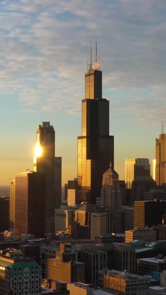 Stadsbilden Chicago Loop Vid Solnedgången Frosty Winter Evening Gyllene Timmen — Stockvideo