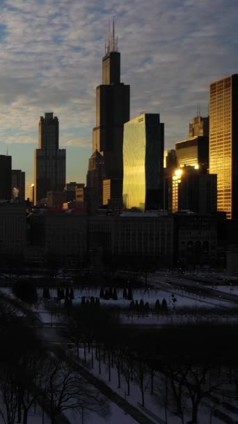 シカゴ ループの都市スカイライン 凍った冬の夜の夕日 ゴールデンアワー アリアルビュー アメリカ合衆国 ドローン フライスが上へ バーティカルビデオ — ストック動画