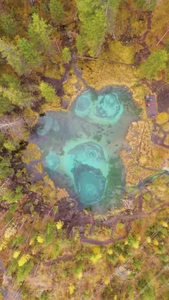 Geyser Blue Lake Yellow Trees Autumn Inglés Vista Aérea Arriba — Vídeo de stock