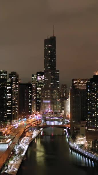 Städtisches Chicago City Und Chicago River Bei Nacht Winter New — Stockvideo