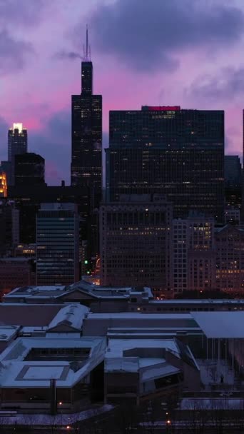 Urban Skyline Chicago Loop Blue Hour Winter Evening Twilight Aerial — Stock Video