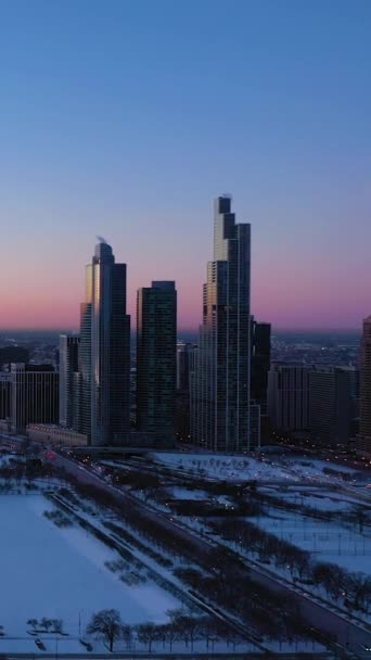 Chicago Loop Fagyott Michigan Felhőkarcolók South Side Kerületben Napkeltekor Kék — Stock videók