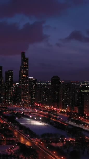 Chicago Noche Invierno Lago Michigan Hora Azul Vista Aérea Estados — Vídeos de Stock