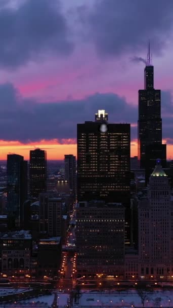 冬季蓝色一小时芝加哥环城的城市景观 黄昏的黄昏 空中景观 美利坚合众国 博士飞的西道 垂直录像 — 图库视频影像