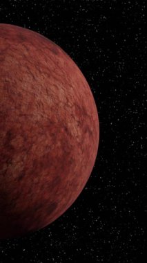 Uzaydaki Dönen Kızıl Mars Gezegeni 'nde gün doğumu. Güneş belirir ve parlar. Arkaplanda yıldızlar. 3D görüntüleme. Animasyon. Dikey Video