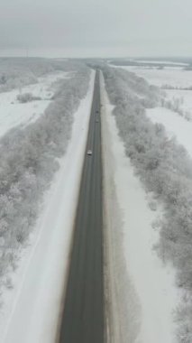 Kışın Yoldaki Arabalar. Hava görüntüsü. Drone İleri Uçuyor. Dikey Video