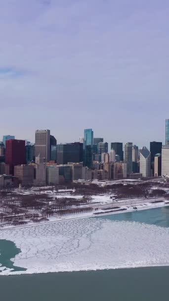 シカゴ ループとミシガン湖の都市景観 冬の凍った日に氷のブロック アリアルビュー アメリカ合衆国 ドローン フライフォワード バーティカルビデオ — ストック動画