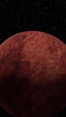 Uzaydaki Dönen Kızıl Mars Gezegeni 'nde gün doğumu. Güneş belirir ve parlar. Yakınlaştır. Kamera Gezegen 'e yaklaşıyor. Arkaplanda yıldızlar. 3D görüntüleme. Animasyon. Dikey Video