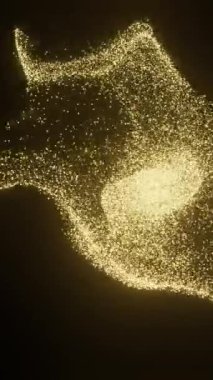 Kara Arkaplanda Soyut Altın Parlayan Parçacıklar Görünüyor. Bilim Kurgu. 3D görüntüleme. Animasyon. Dikey Video