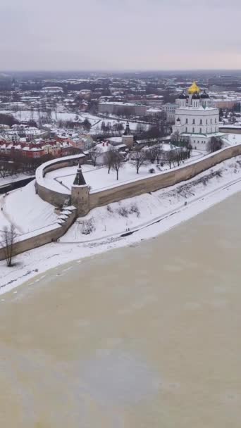 Miasto Psków Kreml Zimie Widok Lotu Ptaka Rosja Dron Lata — Wideo stockowe