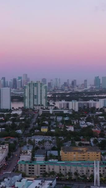 迈阿密海滩和迈阿密下城的城市天际线在晨暮时分 蓝色一小时 空中景观 博士飞的西道 垂直录像 — 图库视频影像
