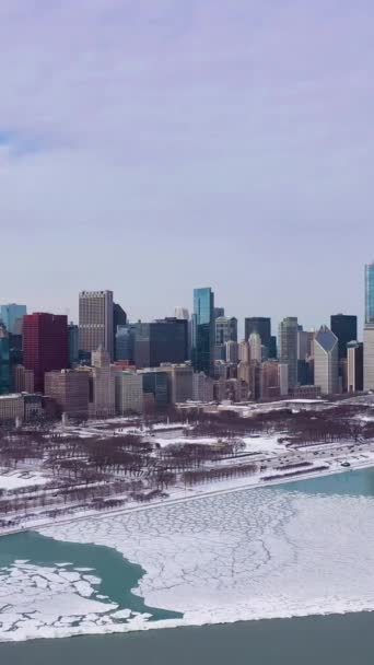 芝加哥环城的城市天际线和密歇根州的冰湖在冬季霜冻日结冰 空中景观 美利坚合众国 博士飞的西道 垂直录像 — 图库视频影像