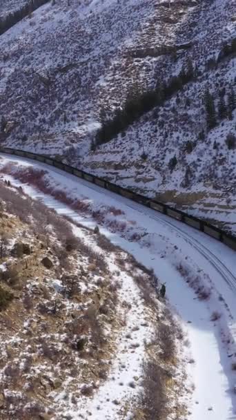 Train Marchandises Montagnes Enneigées Jour Ensoleillé Hiver Neige Utah États — Video