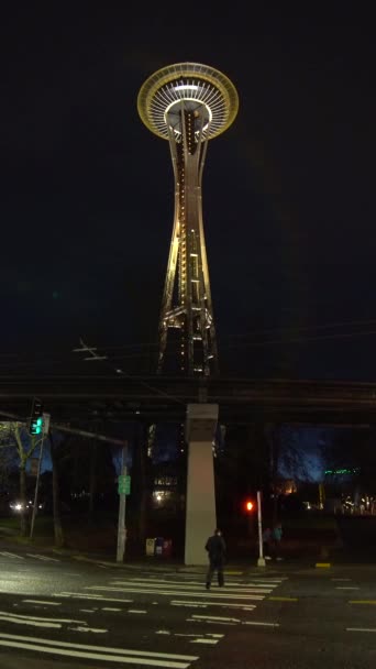 Seattle Usa February 2021 Φωτισμένος Πύργος Διαστημικής Βελόνας Seattle Νύχτα — Αρχείο Βίντεο