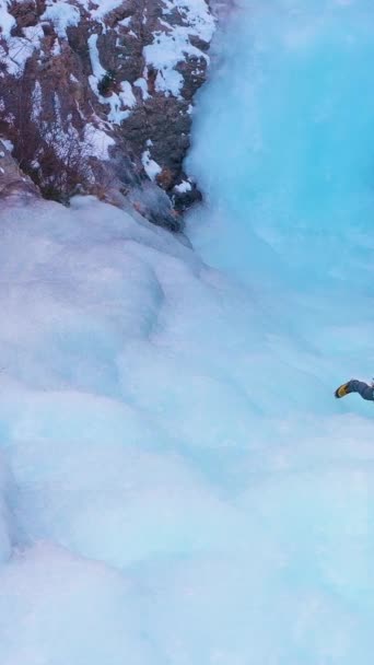 Ice Climbing Frozen Waterfall Aerial View Barskoon Valley Kyrgyzstan Drone — Stock Video