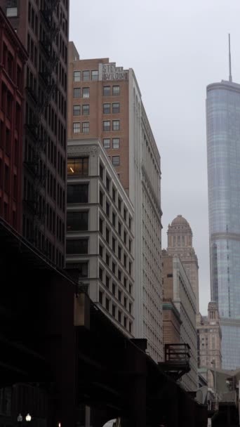 チカゴ アメリカ January 2021 曇りの日にシカゴループで上昇シカゴL列車通過 トランプ タワー バーティカルビデオ — ストック動画