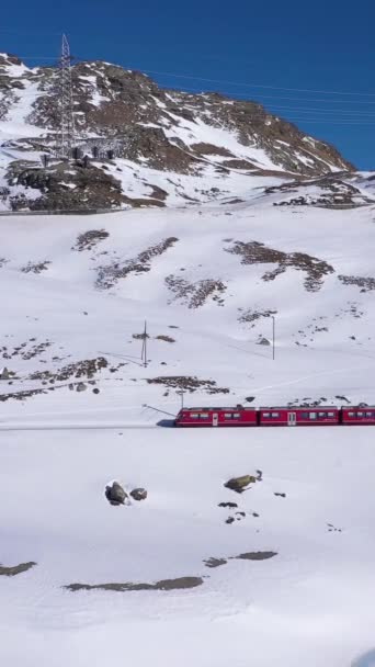 Train Suisse Près Bernina Pass Jour Ensoleillé Hiver Bernina Railway — Video