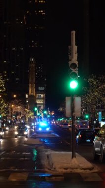 Şikago, ABD - 25 Ocak 2021 Şikago 'da Kış Gecesi Muhteşem Yol Dikey Video Klibi