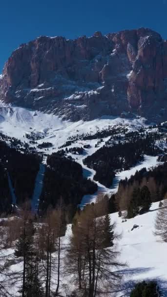 Langkofel Mountain Sunny Winter Day South Tyrol Dolomites Italy Aerial — Stock Video