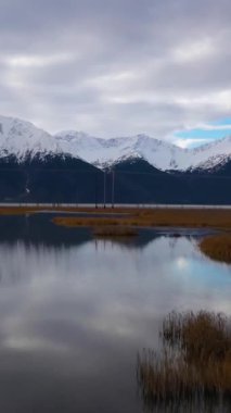 Bulutlu Sonbahar Günü 'nde Turnagain Arm yakınlarında karla kaplı dağlar. Göldeki sazlıklar ve yansımalar. Alaska, ABD. Hava görüntüsü. İnsansız hava aracı alçaktan uçuyor. Dikey Video