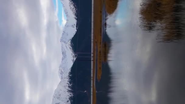 Snow Capped Mountains Turnagain Arm Cloudy Autumn Day Reeds Reflections — Stock video