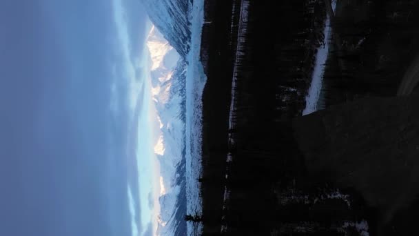 マタンカス氷河 雪に覆われた山と森 雲の日に アラスカ アメリカ アリアルビュー ドローン フライフォワード バーティカルビデオ — ストック動画