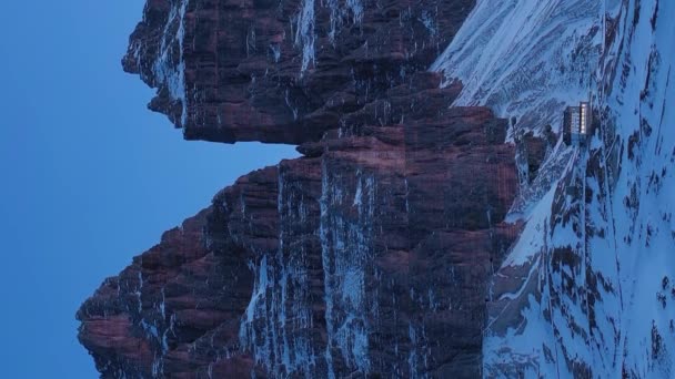 Tre Cime Lavaredo Three Peaks Morning Twilight Winter Auronzo Hut — Stock video