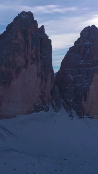 Tre Cime Lavaredo Three Peaks Sunny Day Winter Aerial View — Stock Video