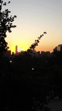 Santiago City Skyline Sunset 'te. Hava görüntüsü. Las Condes Komünü. Şili. Drone Ağaçların Arasından Yukarı ve İleri Uçuyor. Dikey Video