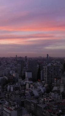 Akşam Alacakaranlığı 'nda Buenos Aires City Skyline. Arjantin. Mavi Saat. Pembe Bulutlar. İnsansız hava aracı yandan uçuyor. Dikey Video