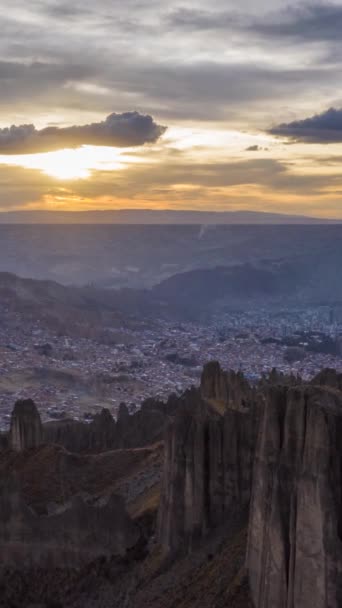 Valle Las Animas Spires Στο Sunset Paz Cityscape Βολιβία Εναέρια — Αρχείο Βίντεο