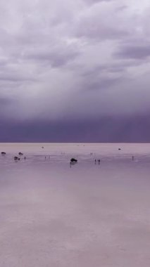 Uyuni Tuz Düzlükleri. Salar De Uyuni. Hava görüntüsü. Altiplano, Bolivya. Yağmur mevsimi. Dramatik ve Fırtınalı Gökyüzü. SUV Arabalar ve Turistler. Suyun yansıması. Drone İleri Uçuyor. Geniş açı. Dikey Video
