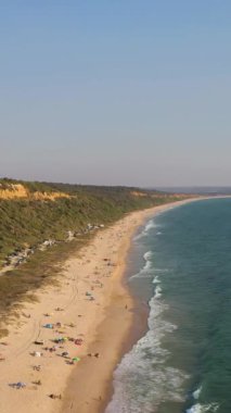 Fonte da Telha Sahili ve Atlantik Okyanusu. Portekiz. Kayalıklar ve Ağaçlar. Hava görüntüsü. Drone İleri Uçuyor. Dikey Video