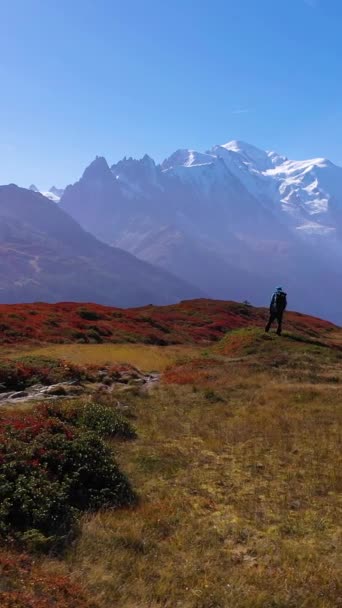 Uomo Escursionista Giacca Blu Con Zaino Piedi Guardando Monte Bianco — Video Stock