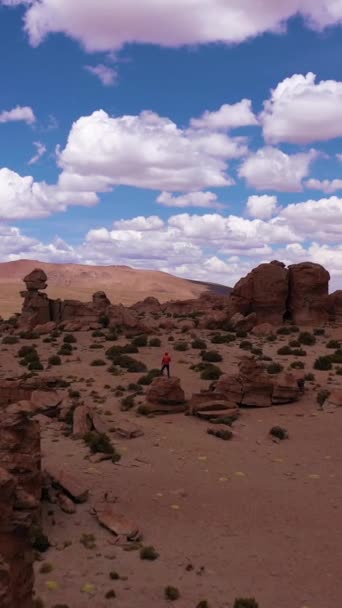 Путешественник Смотрит Скалы Рок Вэлли Боливия Вид Воздуха Дрон Летит — стоковое видео