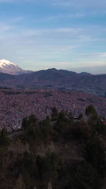 Paz Cityscape Illimani Mountain Aerial View Bolivia Golden Hour Drone — Stock Video