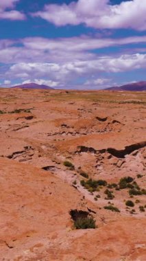Gezgin Adam Ollague Volkanı ve Kaya oluşumlarına bakıyor. Bolivya 'da. Bulutlu Mavi Gökyüzü. Hava görüntüsü. Saat yönünde dönüyorlar. Solo seyahat. Dikey Video