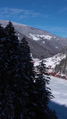 Uzungol Gölü kışın buzla kaplıdır. Ağaçlı Tepeler ve Dağlar. Hava görüntüsü. Trabzon ili, Türkiye. İnsansız hava aracı yandan uçuyor. Dikey Video