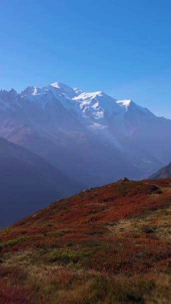 阳光明媚的秋日 勃朗峰和梅朵山 红刷子 法国阿尔卑斯山 空中景观 飞行员在低空飞行 透露山谷的秘密 垂直录像 — 图库视频影像