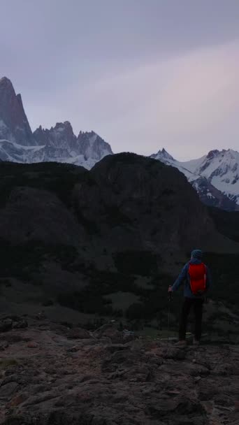 Homem Viajante Com Mochila Pólos Trekking Olhando Para Monte Fitz — Vídeo de Stock