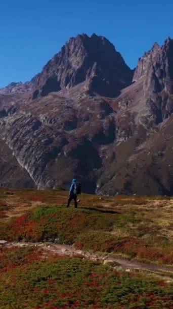阳光明媚的秋日 身穿蓝色夹克 背着背包的远足男子站在白朗峰看风景 红刷子 法国阿尔卑斯山 空中景观 垂直录像 — 图库视频影像
