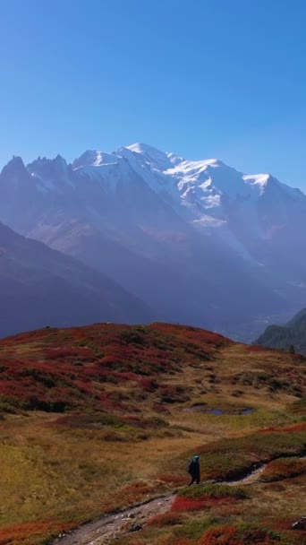 阳光明媚的秋日 身穿蓝色夹克背着背包在山径上行走的远足者 勃朗峰 红刷子 法国阿尔卑斯山 空中景观 垂直录像 — 图库视频影像