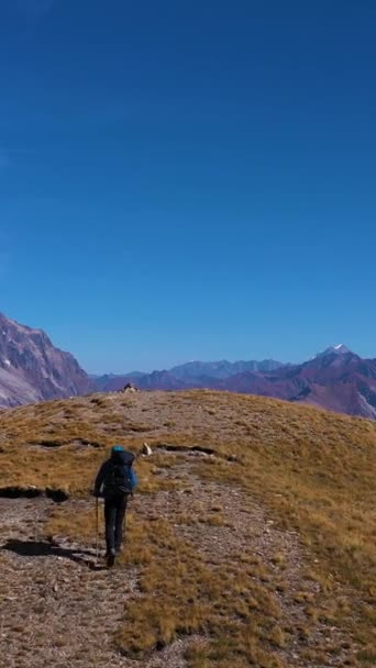 Sırt Çantası Yürüyen Direkleri Olan Mavi Ceketli Yürüyüşçü Dağlarda Yürüyor — Stok video