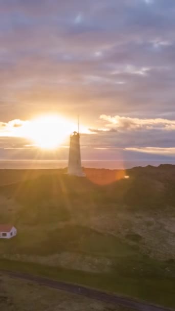 Faro Reykjanesviti Atardecer Península Reykjanes Islandia Hiper Lapso Aéreo Drone — Vídeos de Stock