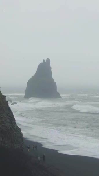 Βράχοι Reynisdrangar Και Βουνό Reynisfjall Την Ημέρα Του Σύννεφου Παραλία — Αρχείο Βίντεο